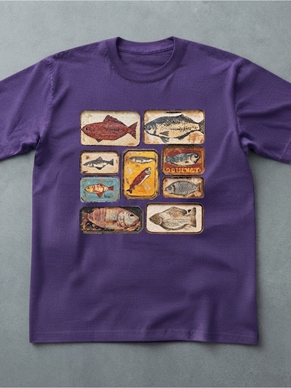 Gildan T-Shirt Purple Canned Fish Graphic Print Crewneck Tee
